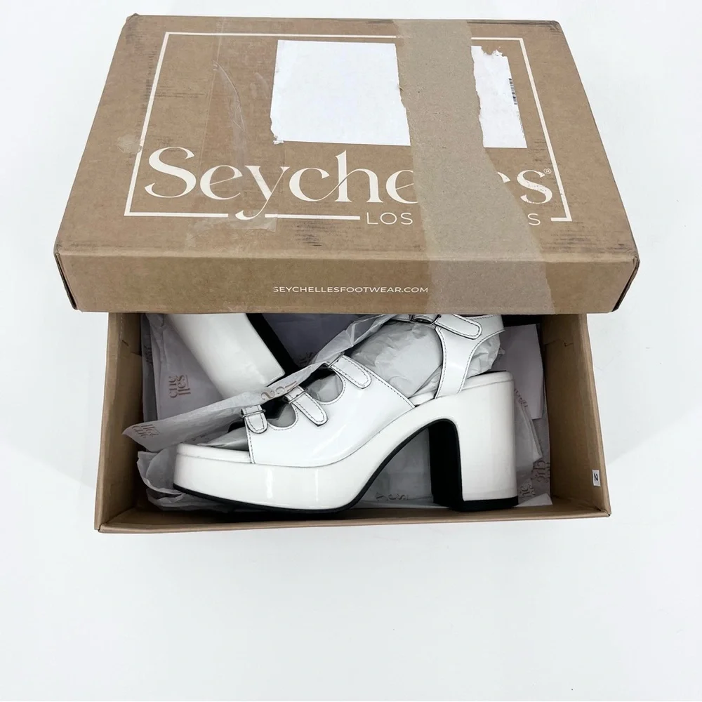 NEW Seychelles Loosen Buckled Up White Patent Leather 90s Platform Sandals 8.5